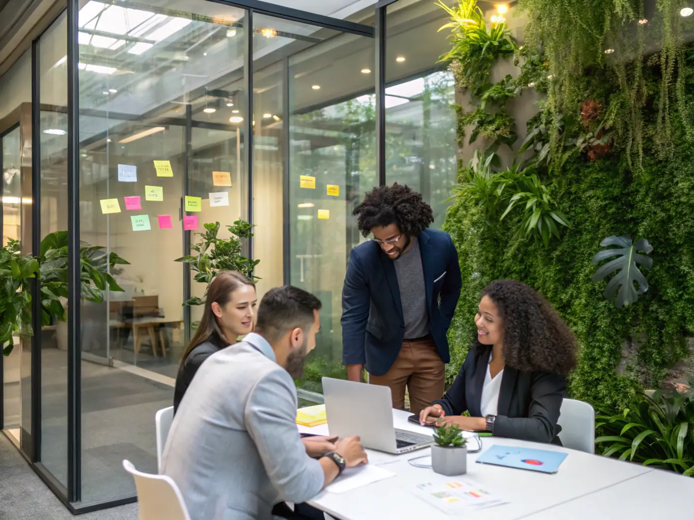 A visually appealing image depicting a modern office environment with people collaborating on a digital interface, representing GrayTech's custom technology solutions.