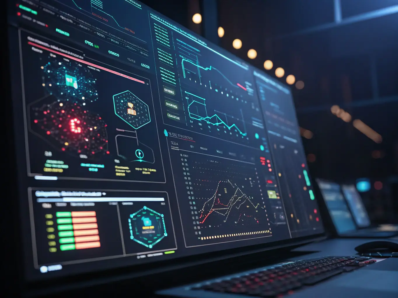 An image featuring an AI interface with complex algorithms and data visualizations, representing GrayTech's AI solutions and their ability to analyze and interpret data.