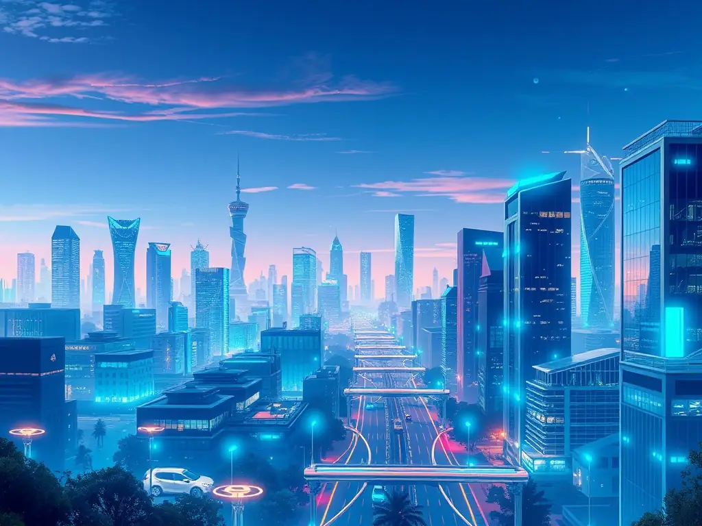 A futuristic cityscape with interconnected devices, symbolizing IoT solutions, with a focus on seamless integration and data flow.